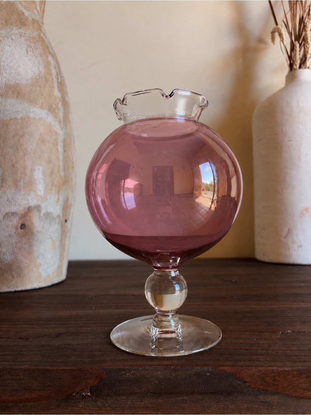Vintage 1950s–60s Mauve Pink Blown Glass Pedestal Vase
